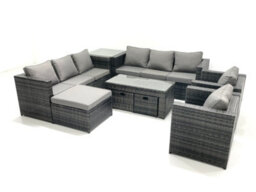 Fimous Rattan Garden Furniture Sofa Set With Coffee Table Armchair Side Table 3 Footstools Dark Grey Mixed - thumbnail 1