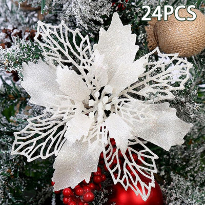 Amorly 24Pcs 15Cm Glitter White Artificial Poinsettia Flowers, Decorative Flower Picks For Christmas Trees, Wreaths Festive Xmas Displays - image 1
