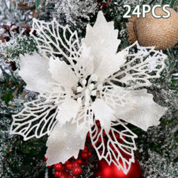 Amorly 24Pcs 15Cm Glitter White Artificial Poinsettia Flowers, Decorative Flower Picks For Christmas Trees, Wreaths Festive Xmas Displays - thumbnail 1