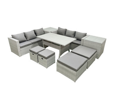 Fimous Rattan Garden Furniture Set Outdoor 10 Seater Patio Dining Sets Glass Top Dining Table 2 Side Tables Light Grey - image 1