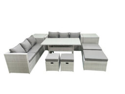 Fimous Rattan Garden Furniture Set Outdoor 10 Seater Patio Dining Sets Glass Top Dining Table 2 Side Tables Light Grey - thumbnail 2