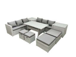 Fimous Rattan Garden Furniture Set Outdoor 10 Seater Patio Dining Sets Glass Top Dining Table 2 Side Tables Light Grey - thumbnail 1