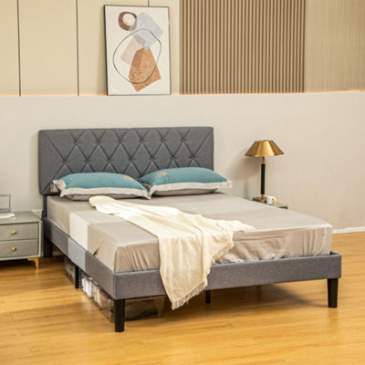 Homcom Double Bed Frame With 5-Level Adjustable Linen Headboard - image 1