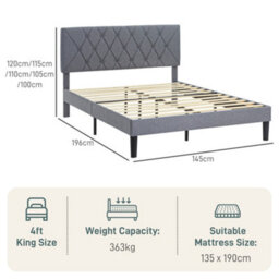 Homcom Double Bed Frame With 5-Level Adjustable Linen Headboard - thumbnail 3