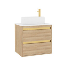 Royal Bathrooms Orion 600mm Natural Oak Wall Hung Plain White Countertop Vanity Unit 2 Drawer With Peak Basin & Brushed Brass Accent Trim - thumbnail 6