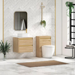 Royal Bathrooms Orion 600mm Natural Oak Wall Hung Plain White Countertop Vanity Unit 2 Drawer With Peak Basin & Brushed Brass Accent Trim - thumbnail 3