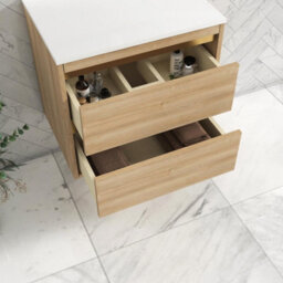 Royal Bathrooms Orion 600mm Natural Oak Wall Hung Plain White Countertop Vanity Unit 2 Drawer With Peak Basin & Brushed Brass Accent Trim - thumbnail 4