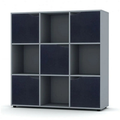 Urbn-Living Urbnliving 9 Cube Grey Wooden Bookcase Shelving Display Shelves Storage Unit Wood Shelf Black Door - image 1