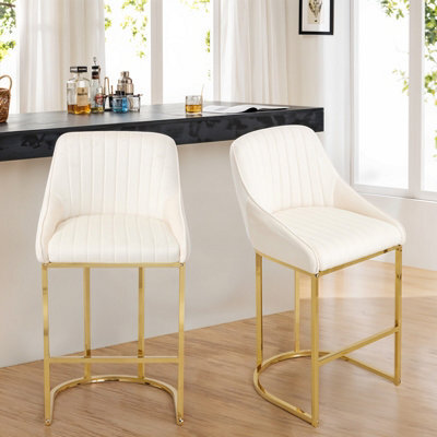 Thehotsale Set Of 2 Modern Velvet White Upholstered Bar Stools With Metal Legs - image 1