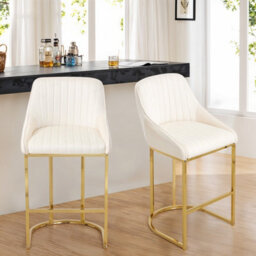 Thehotsale Set Of 2 Modern Velvet White Upholstered Bar Stools With Metal Legs