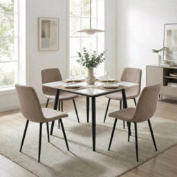 Sintered Stone Cream Dining Table Marble Effect Sand Blasted Metal Legs 70X70Cm - thumbnail 4