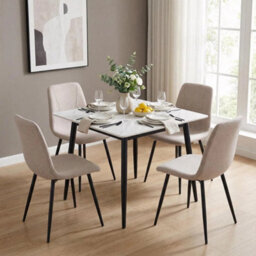 Sintered Stone Cream Dining Table Marble Effect Sand Blasted Metal Legs 70X70Cm - thumbnail 5