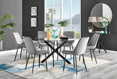 Furniturebox Uk Novara Black Leg 120Cm Round Glass Dining Table & 6 Grey Pesaro Black Leg Chairs - image 1