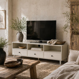 Wyld Haus Kedito Cream White Tv Stand 140Cm - Holds Up To 75 Inch Tvs, 3 Drawers And 3 Open Shelves