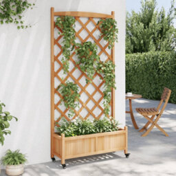 Berkfield Planter With Trellis And Wheels Brown Solid Wood Fir - thumbnail 3