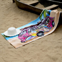 Geezy Large Microfibre Towel Pink Bus Design Lightweight Bath Towel Holiday Camping - thumbnail 9
