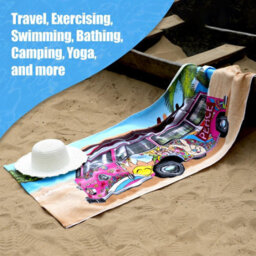 Geezy Large Microfibre Towel Pink Bus Design Lightweight Bath Towel Holiday Camping - thumbnail 7
