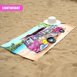 Geezy Large Microfibre Towel Pink Bus Design Lightweight Bath Towel Holiday Camping - thumbnail 2