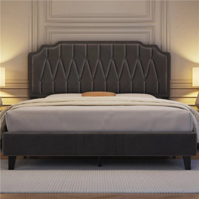 135X190Cm Dark Grey Double Upholstered Bed With Adjustable Tufted Headboard Dark Grey - image 1