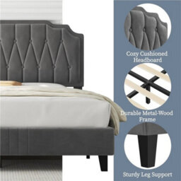 135X190Cm Dark Grey Double Upholstered Bed With Adjustable Tufted Headboard Dark Grey - thumbnail 4