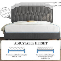 135X190Cm Dark Grey Double Upholstered Bed With Adjustable Tufted Headboard Dark Grey - thumbnail 3