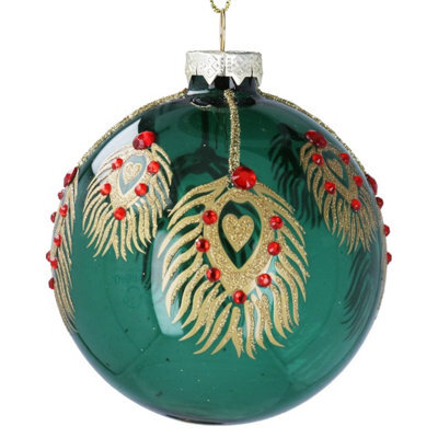 Gisela Graham Christmas Green Glass Peacock Bauble 8 X 8 Cm - Gloss Emerald And Red Ornament With Gold Hanger