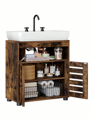 LEDREM Under Sink Cabinet Bathroom Storage Cupboard 60 X 30 X 63 Cm With 2 Louvre Doors Adjustable Board Rustic Brown - image 1