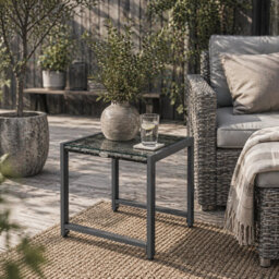 Wyld Haus Visano Grey Rattan Outdoor Side Table With Tempered Glass Top - Square 50 X 49.5 X 50 Cm