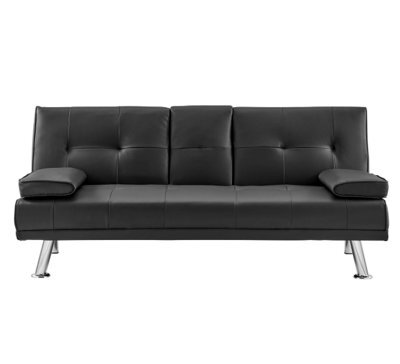 Bravich Manhattan Sofa Bed 2 Seater Faux Leather Click Clack Black With Metal Feet & Flip Down Cup Holders - image 1