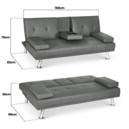 Bravich Manhattan Sofa Bed 2 Seater Faux Leather Click Clack Black With Metal Feet & Flip Down Cup Holders - thumbnail 6