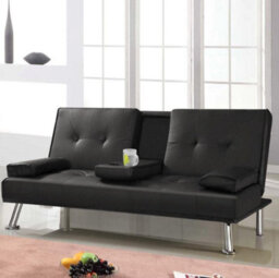 Bravich Manhattan Sofa Bed 2 Seater Faux Leather Click Clack Black With Metal Feet & Flip Down Cup Holders - thumbnail 2
