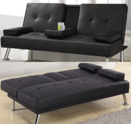 Bravich Manhattan Sofa Bed 2 Seater Faux Leather Click Clack Black With Metal Feet & Flip Down Cup Holders - thumbnail 3