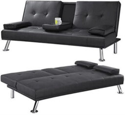 Bravich Manhattan Sofa Bed 2 Seater Faux Leather Click Clack Black With Metal Feet & Flip Down Cup Holders - thumbnail 9