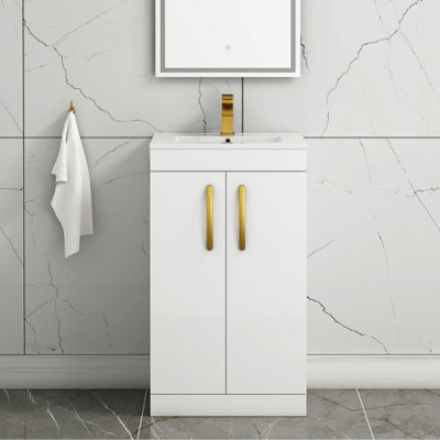 Royal Bathrooms Turin Gloss White 500mm Floor Standing Vanity Unit 2 Door With Minimalist Basin Sink & Brushed Brass Handles - image 1