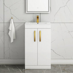 Royal Bathrooms Turin Gloss White 500mm Floor Standing Vanity Unit 2 Door With Minimalist Basin Sink & Brushed Brass Handles