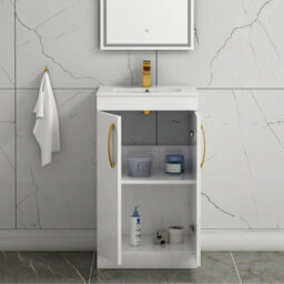 Royal Bathrooms Turin Gloss White 500mm Floor Standing Vanity Unit 2 Door With Minimalist Basin Sink & Brushed Brass Handles - thumbnail 3