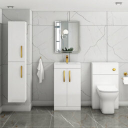 Royal Bathrooms Turin Gloss White 500mm Floor Standing Vanity Unit 2 Door With Minimalist Basin Sink & Brushed Brass Handles - thumbnail 2