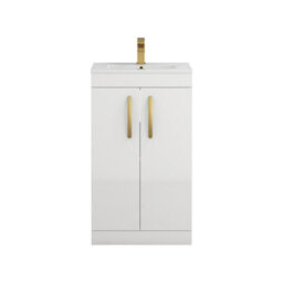 Royal Bathrooms Turin Gloss White 500mm Floor Standing Vanity Unit 2 Door With Minimalist Basin Sink & Brushed Brass Handles - thumbnail 6