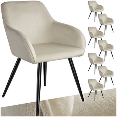 Tectake Set Of 8 Dining Chair Marilyn - With Armrests, Padded, Velvet Look, Black Steel Legs - Cream/black - image 1