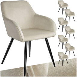 Tectake Set Of 8 Dining Chair Marilyn - With Armrests, Padded, Velvet Look, Black Steel Legs  - Cream/black