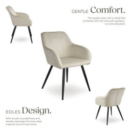 Tectake Set Of 8 Dining Chair Marilyn - With Armrests, Padded, Velvet Look, Black Steel Legs  - Cream/black - thumbnail 3