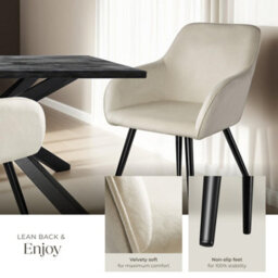 Tectake Set Of 8 Dining Chair Marilyn - With Armrests, Padded, Velvet Look, Black Steel Legs  - Cream/black - thumbnail 4