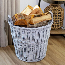 Grey Wicker Log Basket Large Round Wood Fireplace Throws Linen Toy Home Storage - thumbnail 4