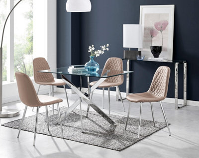Furniturebox Uk Leonardo Glass And Chrome Metal Dining Table And 4 Cappuccino Beige Corona Silver Chairs Set - image 1
