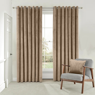 Moonlight Bedding Velvet Ring Top Curtains- Fully Lined Dim Out Blackout Pair, Ultra Soft Thermal Curtains (Beige, 90 X 90 Inch) - image 1
