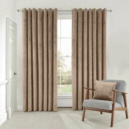 Moonlight Bedding Velvet Ring Top Curtains- Fully Lined Dim Out Blackout Pair, Ultra Soft Thermal Curtains (Beige, 90 X 90 Inch)