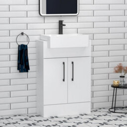 Royal Bathrooms Elena 600mm Gloss White Floor Standing Bathroom Vanity Unit With 2 Door Black Handle & Semi Recessed Basin