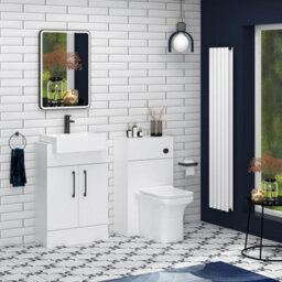 Royal Bathrooms Elena 600mm Gloss White Floor Standing Bathroom Vanity Unit With 2 Door Black Handle & Semi Recessed Basin - thumbnail 3