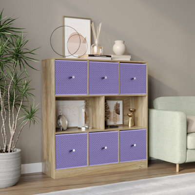 Urbn-Living Urbnliving Asymmetrical 8 Cube Bookcase Shelf Storage Unit W/ 6 Fabric Drawer Inserts (Oak+Lilac) - image 1
