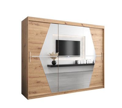 Arte Boliwia Contemporary 2 Mirrored Sliding Door Wardrobe 9 Shelves 2 Rails Artisan Oak Effect (H)2000mm (W)2500mm (D)620mm - image 1